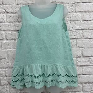 Valentina Naldi Green 100% Linen Eyelet Ruffled Hem Tank Top M Italy Boho